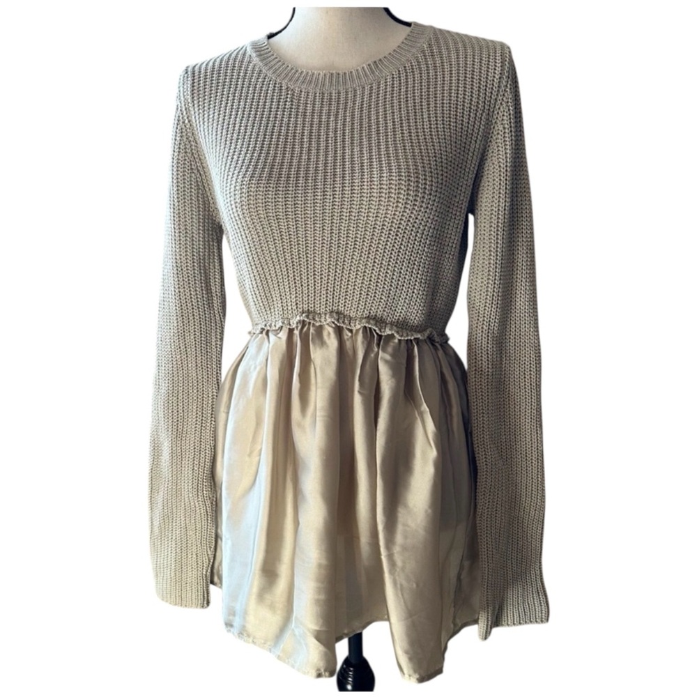 Xhilaration Taupe Sweater Dress/Tunic Chunky Knit Top With Satin Skirt Women’s M